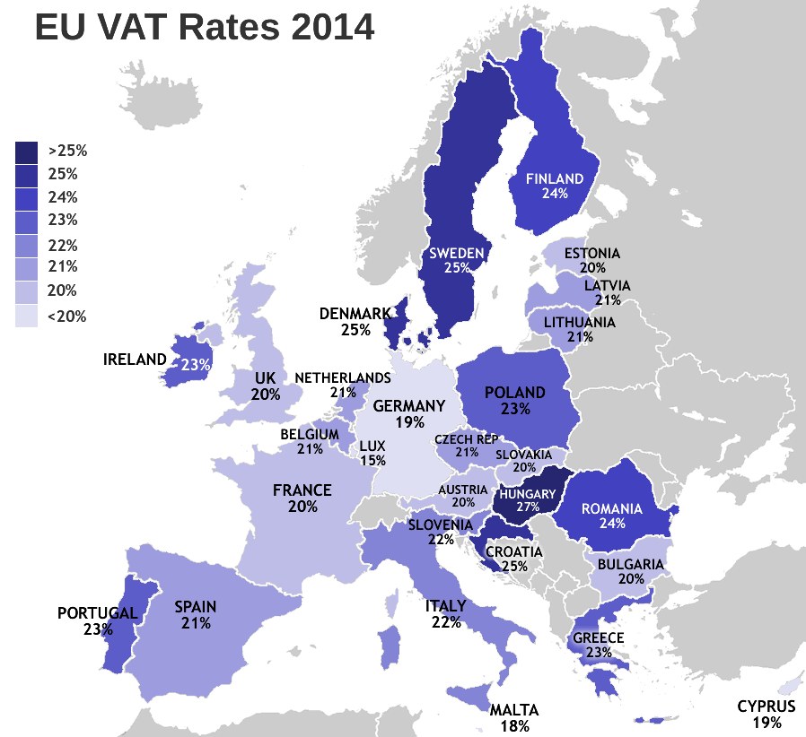 Eine Karte von Europa, die die EU-Mehrwertsteuersätze für 2014 mit Prozentangaben und Textanmerkungen zeigt.