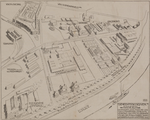 Detailierter alter Stadtplan mit Gebäuden, Straßen und Text auf Papier, der Straßen, Sehenswürdigkeiten und zusätzliche Informationen zeigt.