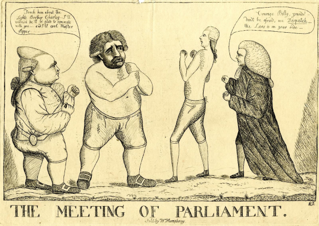 Ein Blatt Papier mit einer Zeichnung von drei stehenden und sprechenden Personen, darunter der Titel "Die Parlamentssitzung"