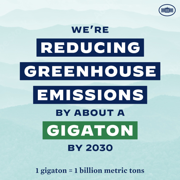 Ein Plakat mit Text und einem Logo, auf dem "Wir reduzieren die Treibhausgasemissionen um etwa eine Gigatonne bis 2030." steht.