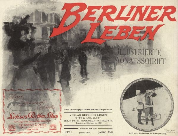 Altes Buch mit dem Titel 'Berliner Leben' und einem Coverfoto von Menschen in traditioneller deutscher Kleidung, wahrscheinlich darstellend Berlins Geschichte oder Kultur.