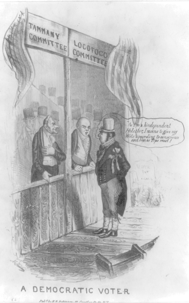 Ein Mann in einem Anzug steht entschlossen vor einer Tür, die mit "Ein demokratischer Wähler" beschriftet ist.