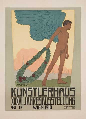 Deutsches Propagandaplakat aus dem Jahr 1910 für "Künstlerhaus Wien", das einen geflügelten Mann in einem Kranz mit ausgebreiteten Armen zeigt, sowie eine markante Schrift oben und leuchtende Farben.