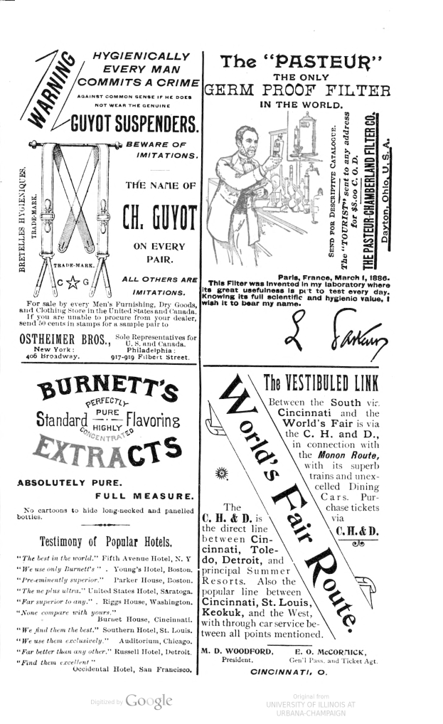 Ein Mann im Anzug und mit zurückgek├Ąmmtem Haar, der ernst dreinschaut, steht in der Mitte einer alten Werbung f├╝r Burnett's Extracts von der World's Fair Route, umgeben von gro├čen, hellgelben Text.