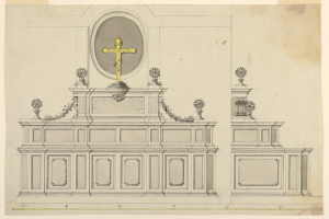 Eine detaillierte Zeichnung eines Kirchenaltars mit einem Kreuz darauf, mit kunstvollen Verzierungen auf einem Blatt Papier.