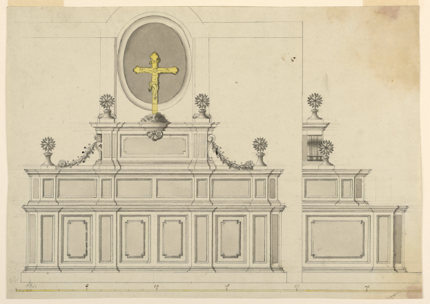 Eine detaillierte Zeichnung eines Kirchenaltars mit einem Kreuz darauf, mit kunstvollen Verzierungen auf einem Blatt Papier.