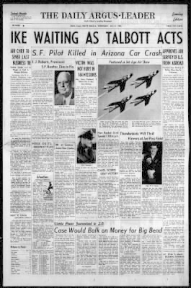 Titelseite der Daily Argus-Leader Zeitung aus Arizona mit schwarzem Hintergrund, Headline "Ike Waiting as Talbott Acts", mit Bildern von Menschen und Flugzeugen.