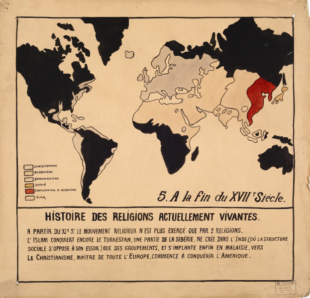 Ein Weltkartenplakat aus dem 19. Jahrhundert, das die Verbreitung von Religionen zeigt, mit farbigen Regionen und erklärendem Text.