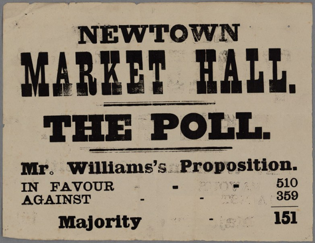 Papier mit handgeschriebenem Text, der "Newtown Market Hall, the Poll, Mr. William's Proposition in favour against Majority" lautet.