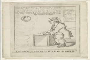 Eine Zeichnung einer Person, die vor einer Kiste steht und ängstlich nach oben schaut, mit dem Text "The Ghost of a Dollar or the Bankers Surprize" darüber.
