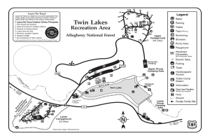Detailierte Karte des Twin Lakes Freizeitgebiets mit Wanderwegen, Sehenswürdigkeiten und Pfaden mit Textbeschriftungen.