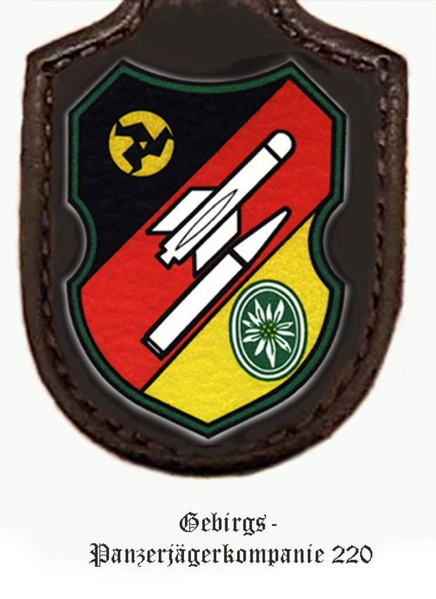 Logo der Gebirgs-Panzerjägerkompanie 220 der deutschen Luftstreitkräfte mit rotem Schild, weißer Stern, schwarzem und weißem Karomuster und fettem schwarzem Text unten.