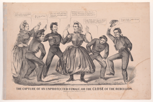 Eine satirische Zeichnung namens 'Die Gefangennahme einer ungeschützten Frau oder das Ende der Rebellion' zeigt besorgte Menschen, einige schauen ängstlich nach oben und andere traurig nach unten.