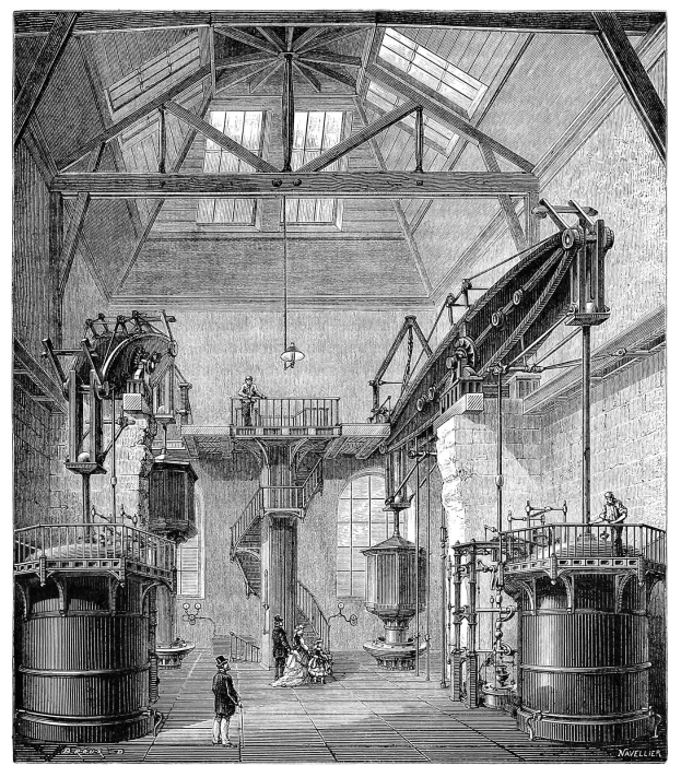 Schwarzes Schema eines industriellen Cider Mills mit Maschinen, Bauteilen und dem Text "Cider Mill" unten.
