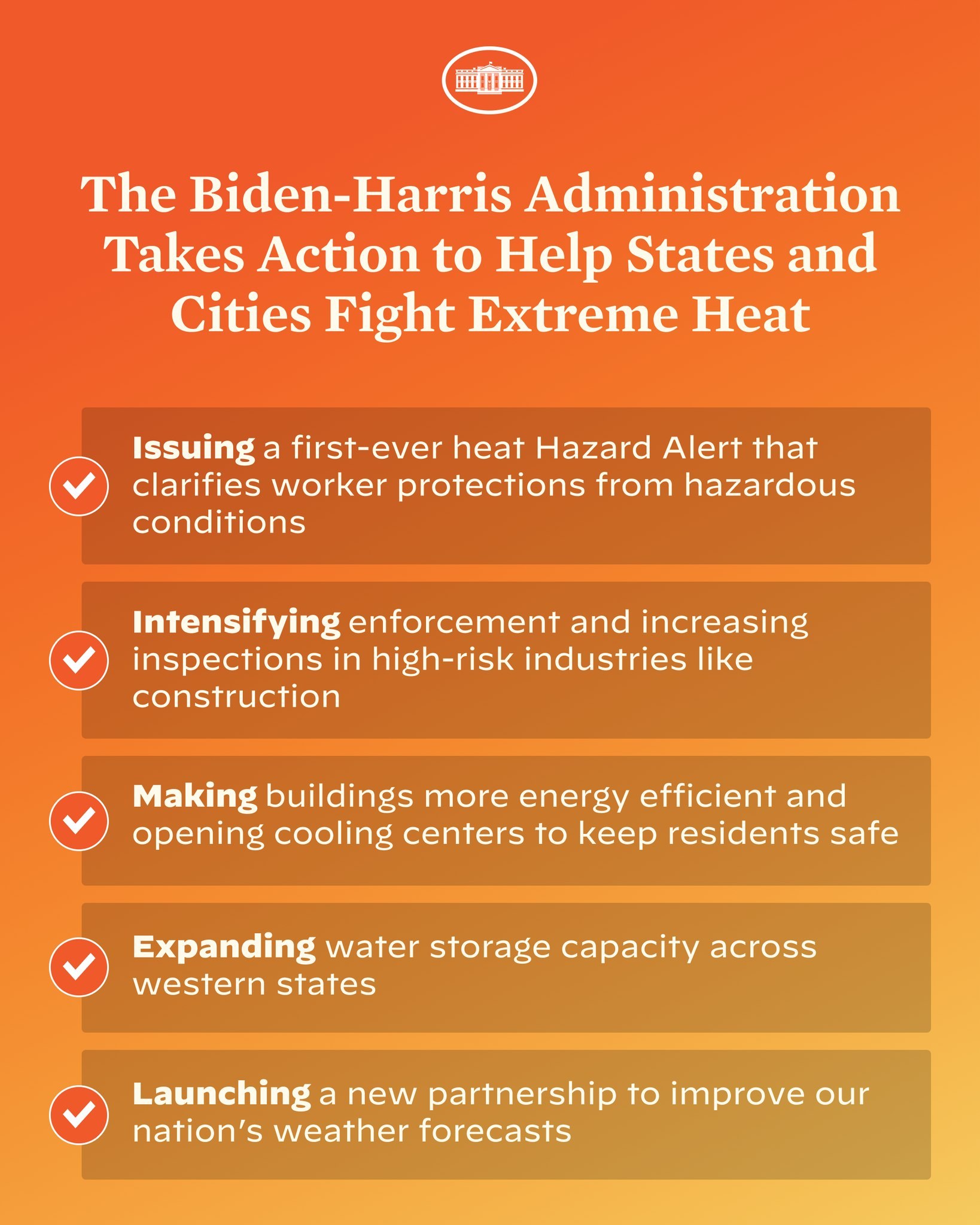 Plakat mit der Aufschrift "Die Biden-Harris-Verwaltung setzt sich dafür ein, dass Bundesstaaten und Städte extreme Hitze bekämpfen" mit einem roten und weißen Schild-Design mit einem Blitz, eingerahmt von einem gelben Rand auf einem weißen Hintergrund.
