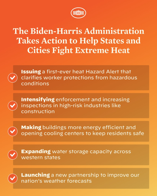 Plakat mit der Aufschrift "Die Biden-Harris-Verwaltung setzt sich dafür ein, dass Bundesstaaten und Städte extreme Hitze bekämpfen" mit einem roten und weißen Schild-Design mit einem Blitz, eingerahmt von einem gelben Rand auf einem weißen Hintergrund.