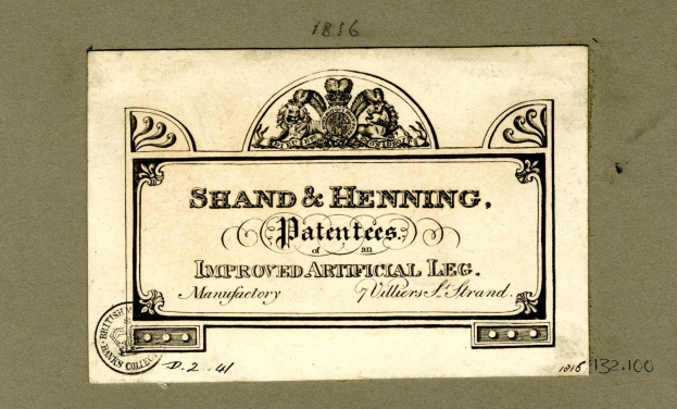 Ein Dokument mit dem Titel "Shand & Henning Patentes, Verbesserte Kunstliche Bein" mit einem Logo und numerischen Daten unten.