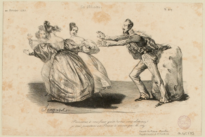 Eine Zeichnung von drei tanzenden Menschen auf einer Bühne: ein Mann in einem langen, wallenden Kleid mit hohem Kragen und langen Ärmeln und zwei Frauen in langen, hellen Kleidern mit Detailed Details, alle lächeln und scheinen sich zu amüsieren.