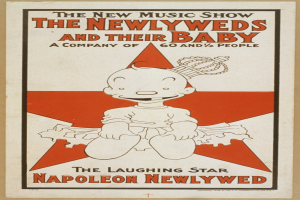 Ein Plakat mit einer Cartoon-Babys in einem weißen Strampler mit einer pinken Schleife, das fröhlich grinst, vor einem hellblauen Hintergrund mit Sternen und der Aufschrift "The New Music Show: The Newlyweds and Their Baby" in fetter schwarzer Schrift.