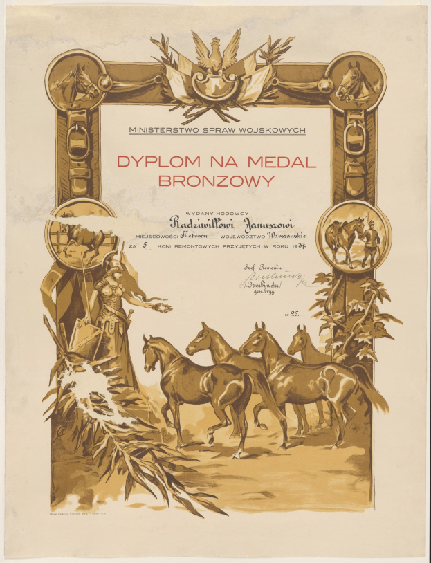 Ein Plakat mit galoppierenden Pferden in einem Feld bei Sonnenuntergang mit dem Text "Dyplom na Medal Bronzowy", wahrscheinlich Ankündigung einer Medaillenverleihung.