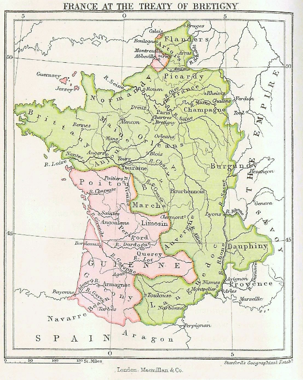 Detailierte Karte Frankreichs aus dem Vertrag von Brétigny, zeigt Provinzen und Städte, begleitet von erklärendem Text.