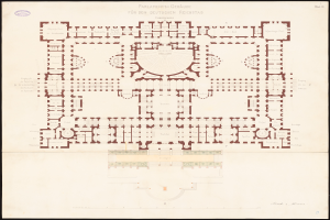 Ein detaillierter Grundrissplan des Reichstags in Berlin, Deutschland, der den Aufbau der kreisförmigen Struktur zeigt, einschließlich Räumen, Fluren, Fenstern und Türen, mit begleitendem Text, der zusätzliche Informationen bereitstellt.