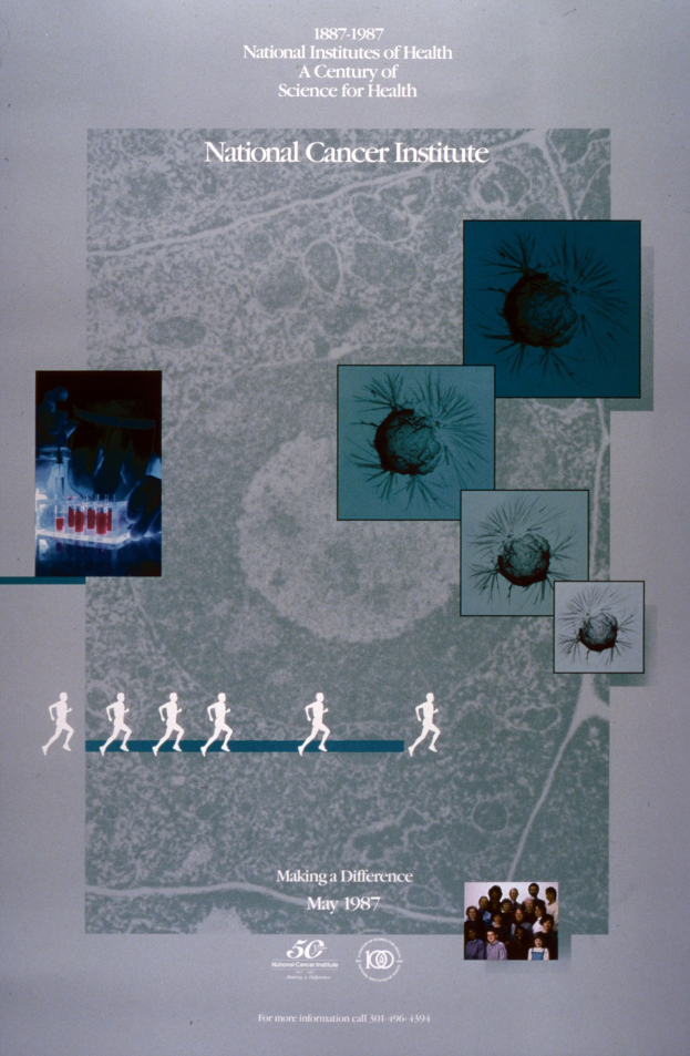 Buntes Plakat mit einem blauen Hintergrund und weißer, fetter, Großbuchstaben-Schrift, die "National Cancer Institute" lesen, umgeben von überlappenden Bildern von lachenden Menschen verschiedenen Alters, Geschlechts und Ethnien, die in einem Kreis angeordnet sind.