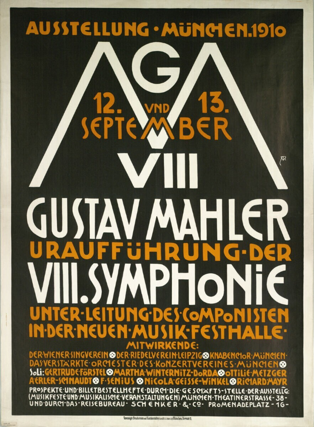 Plakat für das sinfonische Konzert von Gustav Mahler in München, Deutschland, mit darauf geschriebenem Text.