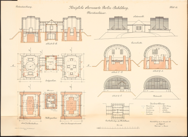 Architektonische Zeichnung eines Gebäudes mit zahlreichen Fenstern, Ansichten und detaillierten Plänen für den Berliner-Bakliskberg, einschließlich Textanmerkungen.