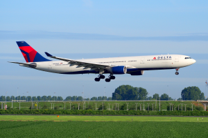 Ein Delta Air Lines Boeing 787-9 Dreamliner startet vom Frankfurter Flughafen, mit grünem Gras darunter, Laternenpfählen, Bäumen und einem Turm im Hintergrund, unter einem bewölkten Himmel.
