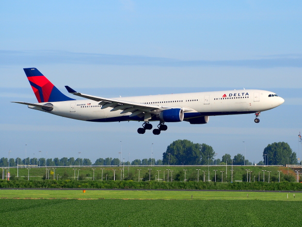 Ein Delta Air Lines Boeing 787-9 Dreamliner startet vom Frankfurter Flughafen, mit grünem Gras darunter, Laternenpfählen, Bäumen und einem Turm im Hintergrund, unter einem bewölkten Himmel.