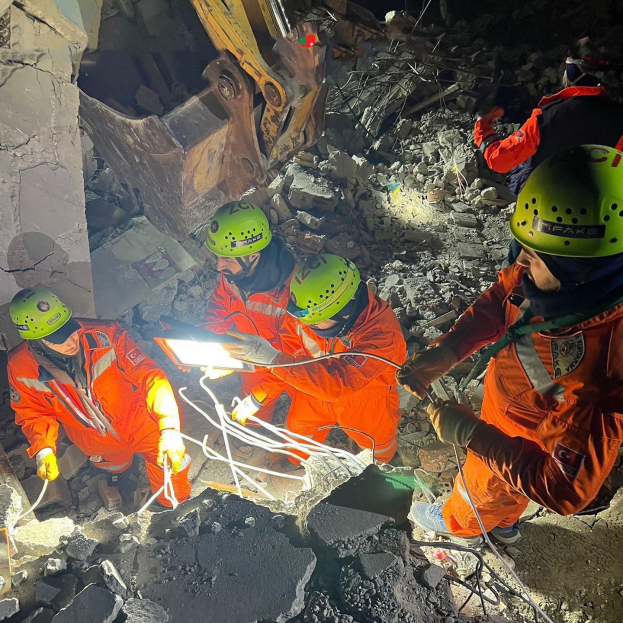 Eine Gruppe von Menschen in orangefarbenen Uniformen und grünen Helmen bei der Arbeit an Schutt mit einem Kran im Hintergrund, mit Rettungsgeräten und Materialien.