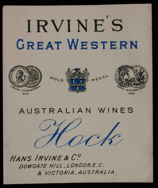 Plakat, das Irvine's Great Western Australian Wines Hock bewirbt, mit dem Logo und Text, der verschiedene Weinarten angibt.