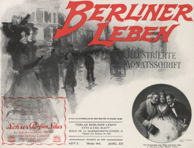 Ein Vintage-Plakat für den deutschen Film 'Berliner Leben', das eine Gruppe von Menschen vor einem Gebäude zeigt.