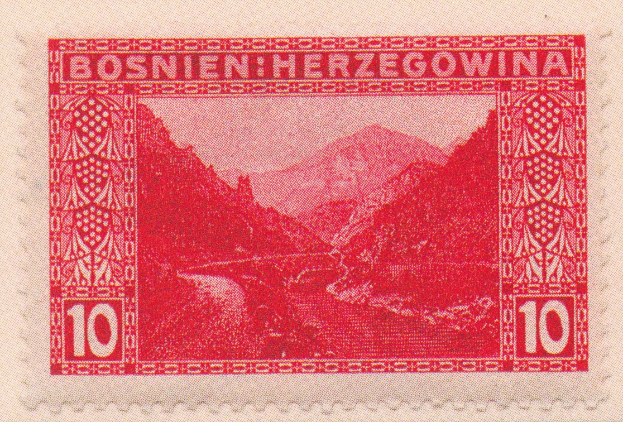 Ein roter Stempel aus dem Jahr 1938 mit der Aufschrift "Bosnien Herzegowina" und einer Illustration von Bergen und einem Fluss in unbenutztem Zustand.