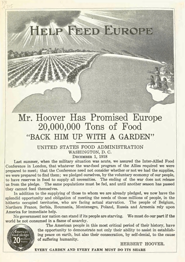 Ein Plakat mit einem Porträt von Herrn Hoover und Text, der verspricht, Europa zu helfen.