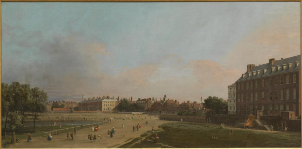 Gemälde mit dem Titel "Ansicht des Kensington Palace" von John Constable, das einen Park mit Menschen, Bäumen, Gebäuden, bewölktem Himmel und grünem Gras zeigt.