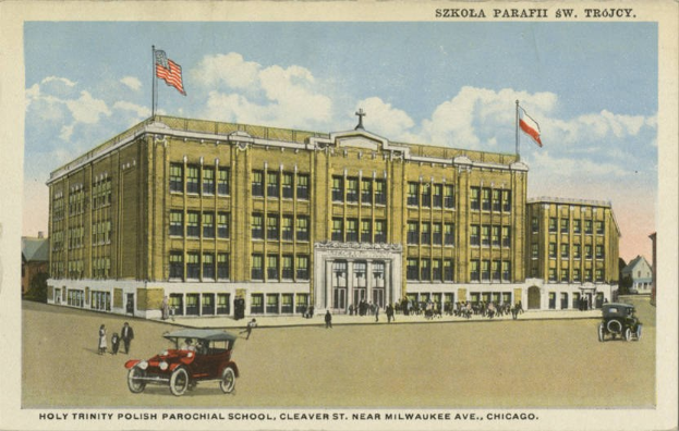 Plakat für die katholische polnische Schule "Heilige Dreifaltigkeit" in Cleveland, Ohio, das ein Gebäude, Menschen, Fahrzeuge, Flaggen und Text an einem bewölkten Tag zeigt.