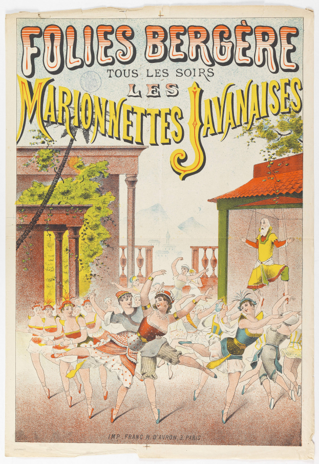 Ein Plakat, das eine Tanzshow in Paris ankündigt, zeigt im Vordergrund eine Gruppe von Menschen, die tanzen, und im Hintergrund ein Gebäude, Bäume und Himmel, sowie Text auf dem Plakat.