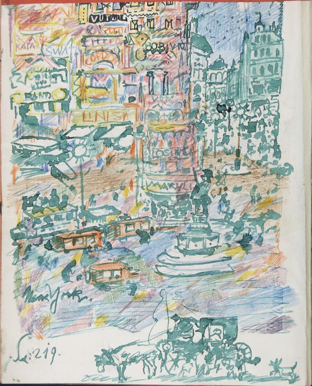 Buchumschlag mit einer detaillierten Illustration einer belebten Stadtlandschaft mit Gebäuden, Fahrzeugen, Menschen und einem Brunnen, begleitet von Text.