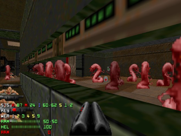 Animierter Screenshot aus *Doom II*, der mehrere Zombies in einem Raum, eine Waffe unten und Statusinformationen links zeigt.