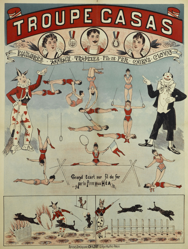 Plakat für die 'Troupe Casas'-Zirkusgruppe in Paris, mit Performern in bunten Kostümen und Masken neben Tierbildern.