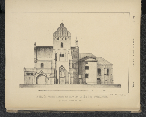 Eine detaillierte Abbildung eines alten Buches mit einer Kirche, die Fenster, Bögen und Säulen zeigt, begleitet von beschreibendem Text über ihre Merkmale.