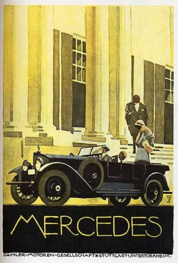 Vintage Mercedes-Benz-Plakat aus den 1920er Jahren mit einem klassischen Auto vor einem modernen Gl├Ąserturm geparkt, mit zwei Personen im Auto und fetter schwarzer Schrift, die unten 'Mercedes-Benz' lautet.