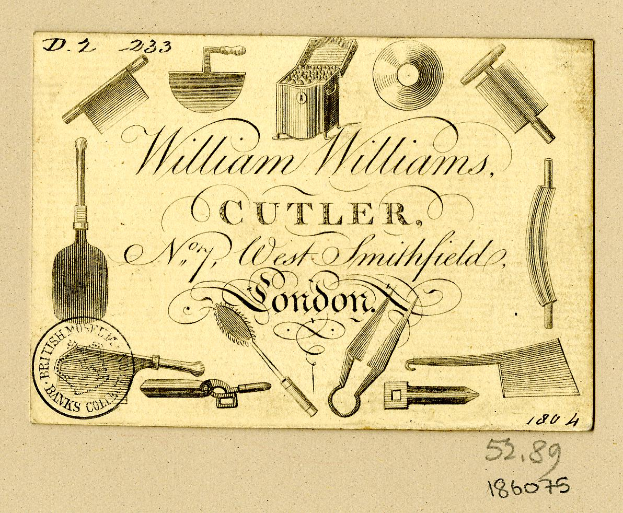 Eine alte Visitenkarte mit Zeichnungen verschiedener Werkzeuge wie einem Hammer, einer Säge, einem Bohrer, einem Schraubenschlüssel, einem Schraubendreher und einer Zange, mit Text, der wahrscheinlich ihre Spezifikationen beschreibt.