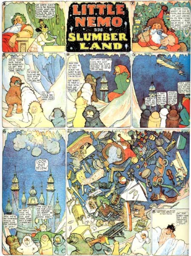 Ein farbenfrohes Collage-Poster mit Cartoons und Text aus der *Little Nemo in Slumberland*-Comicreihe, mit verspielter Charaktere in kräftigen, spaßigen Illustrationen.