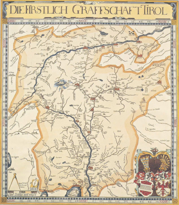 Ausführliches historisches Plakat der ersten Grafschaft Tirol mit einer Karte, die geographische Merkmale, Städte und begleitenden Text zeigt.