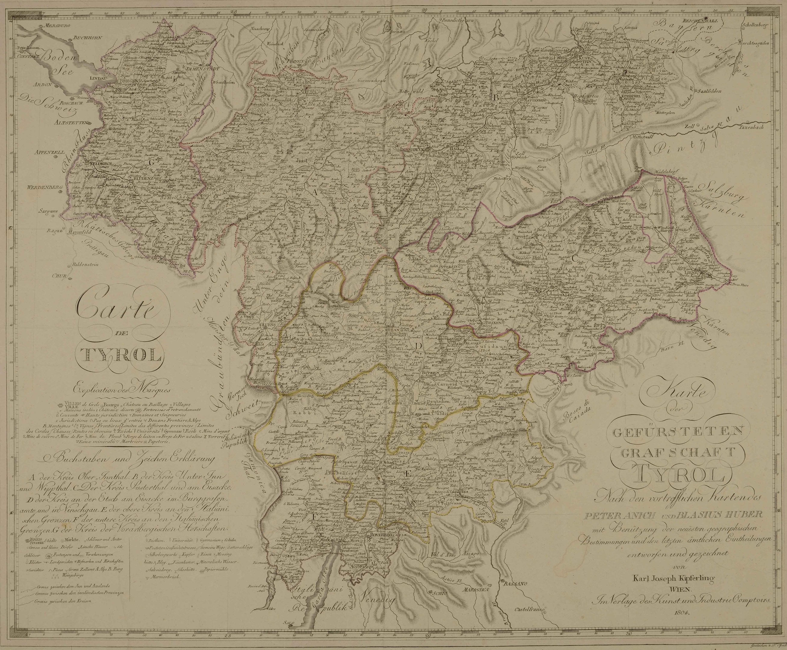 Alte detaillierte Landkarte von Tirol, Deutschland, mit Städten, Dörfern, geografischen Merkmalen und Text mit Bevölkerungsangaben, Straßen und Sehenswürdigkeiten.