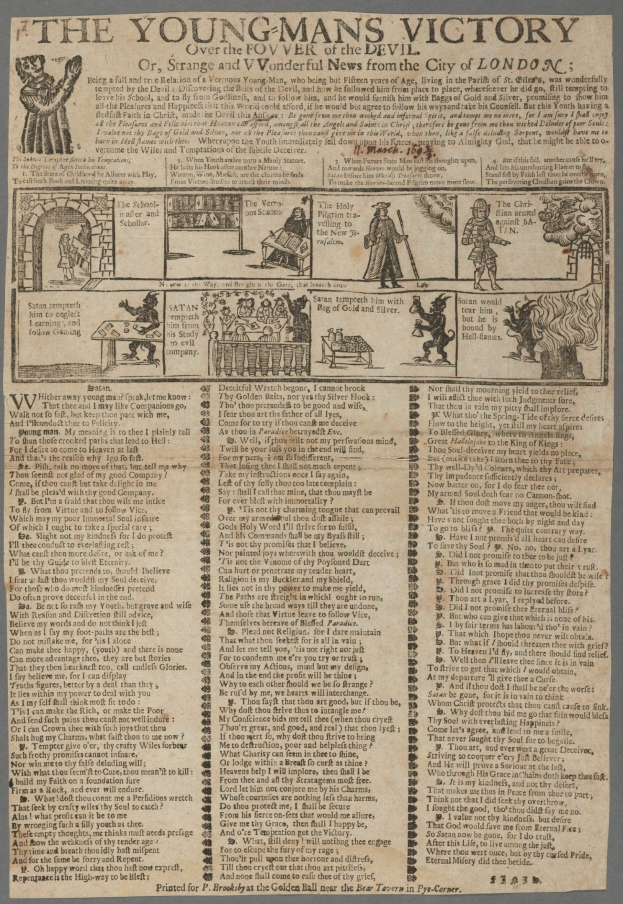Ein Blatt mit Text und Illustrationen, das den Sieg eines jungen Mannes feiert, mit detaillierten Zeichnungen von entschlossenen jungen Männern und mutigen siegreichen Texten.