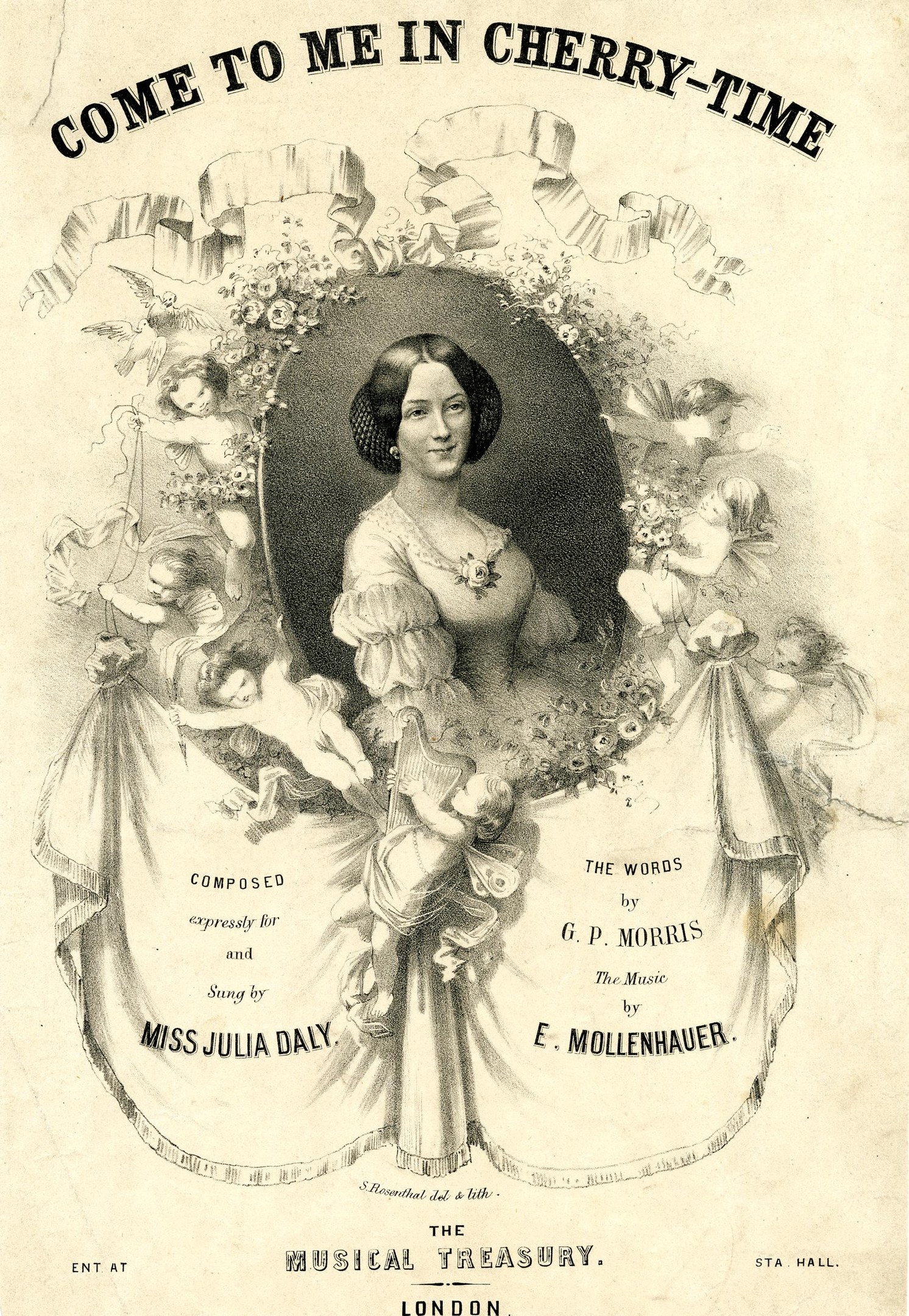 Ein Vintage-Plakat mit einer Frau in weißem Kleid und blauer Schärpe, die warm lächelt, mit der Aufschrift 'Komm zu mir in Kirschzeit' in Kursivschrift auf einem hellrosa Hintergrund.